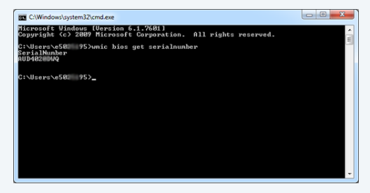 Command box showing C drive path and serial number