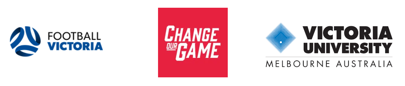 three logos: football victoria, change our game, Victoria University