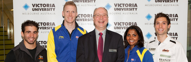 Vice-Chancellor Peter Dawkins with VU's four Olympic athletes