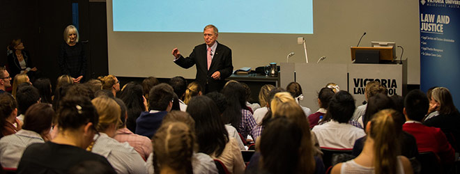 Michael Kirby speaking to VCE students