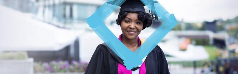  VU graduate student with blue branded diamond.