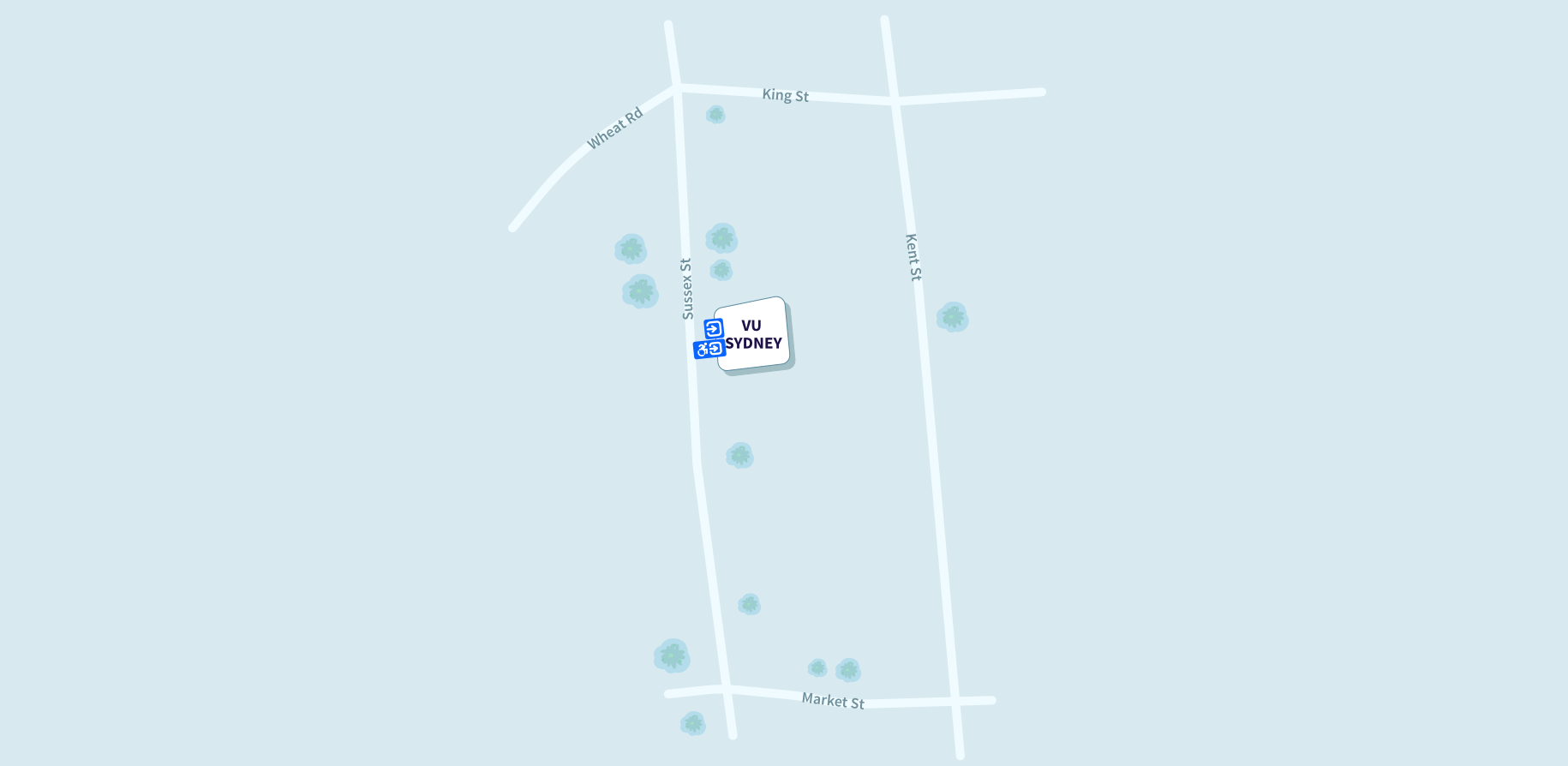 Building Map for VU's Sydney Campus, on Sussex Street, showing two entrances, one of which is accessible.