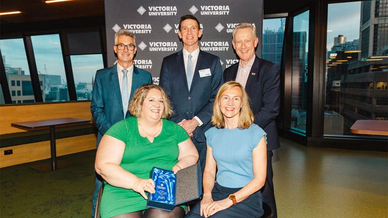  Scott Cashmere, James Nightingale, VU Vice-Chancellor Adam Shoemaker, Elle Steele PLY and Clare Hanlon