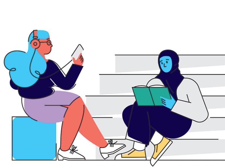 illustration of students on the steps, listening to music and reading