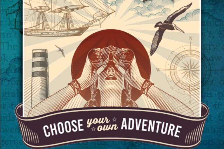 Williamstown Literary Festival  image showing a woman holding binoculars surronded by marine imagery and the words 'Choose your own adventure'