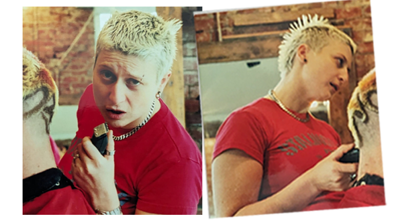  Two photos of Joey Vegas from the 90s. Joey is working on a client's hair in both photos.