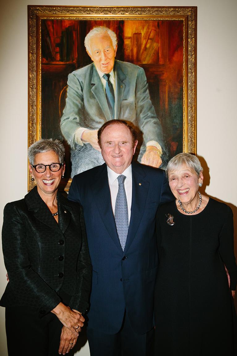 Portrait of Sir Zelman Cowen with (from left to right) the Hon. Linda Dessau AC, Governor of Victoria, John Gandel AO and Lady Cowen.
