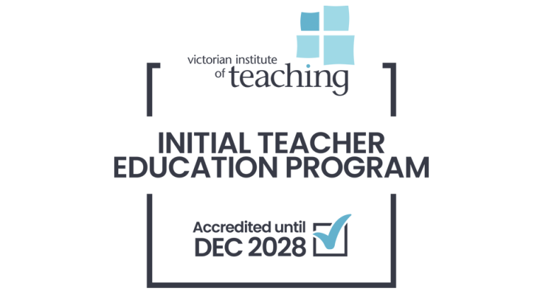 Text logo, reads: Victorian Institute of Teaching, Initial Teacher Education Program, accredited until Dec 2028.