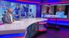 Male TV presenter at desk with Bulldogs colours and images talks to men on screen